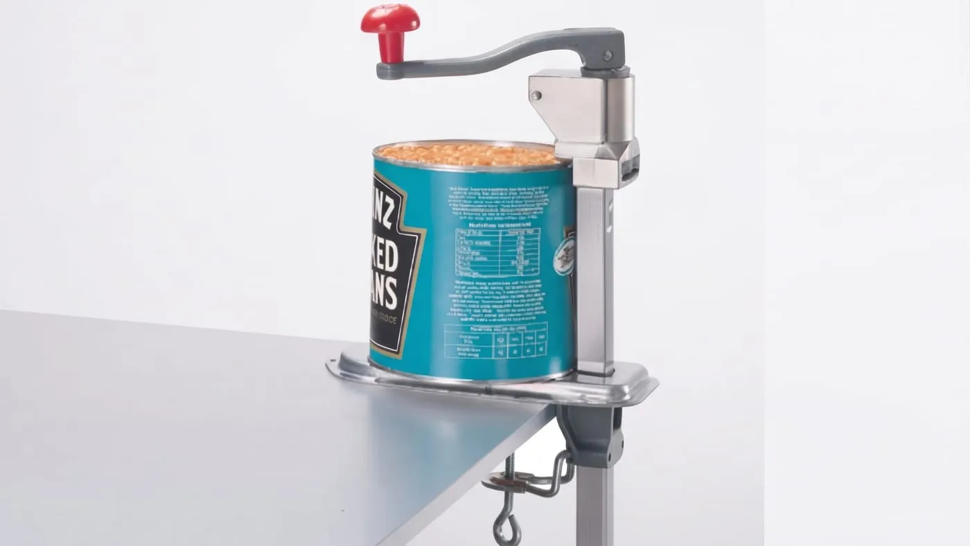 Can opener clamped to a worktop opening a catering tin