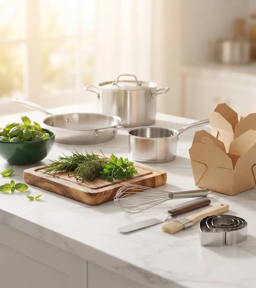 Clean professional kitchen with stainless cookware and fresh produce
