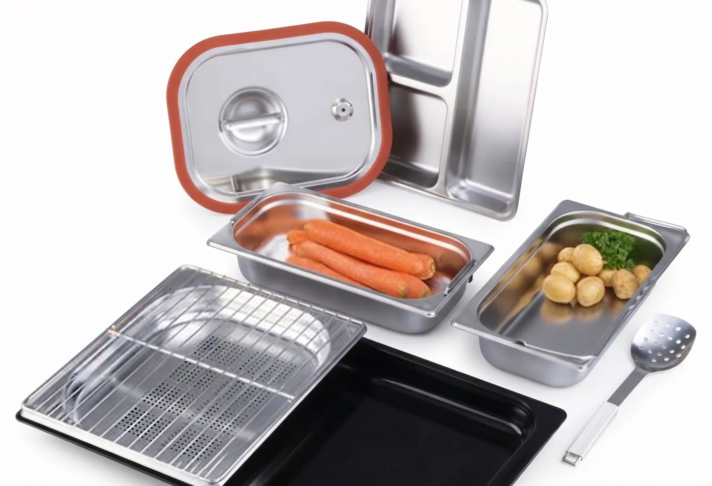GN containers with sealed lid, wire grid and perforated pan