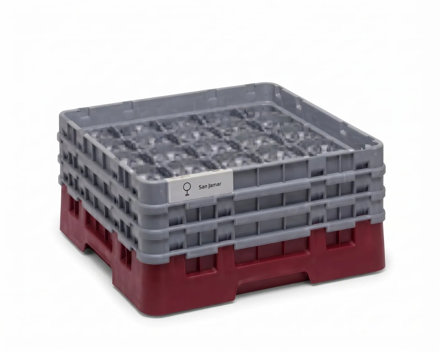 Compartment glass rack stacked on a base rack
