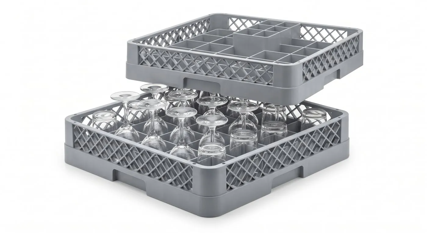 Compartment glass rack with extender, loaded with glasses