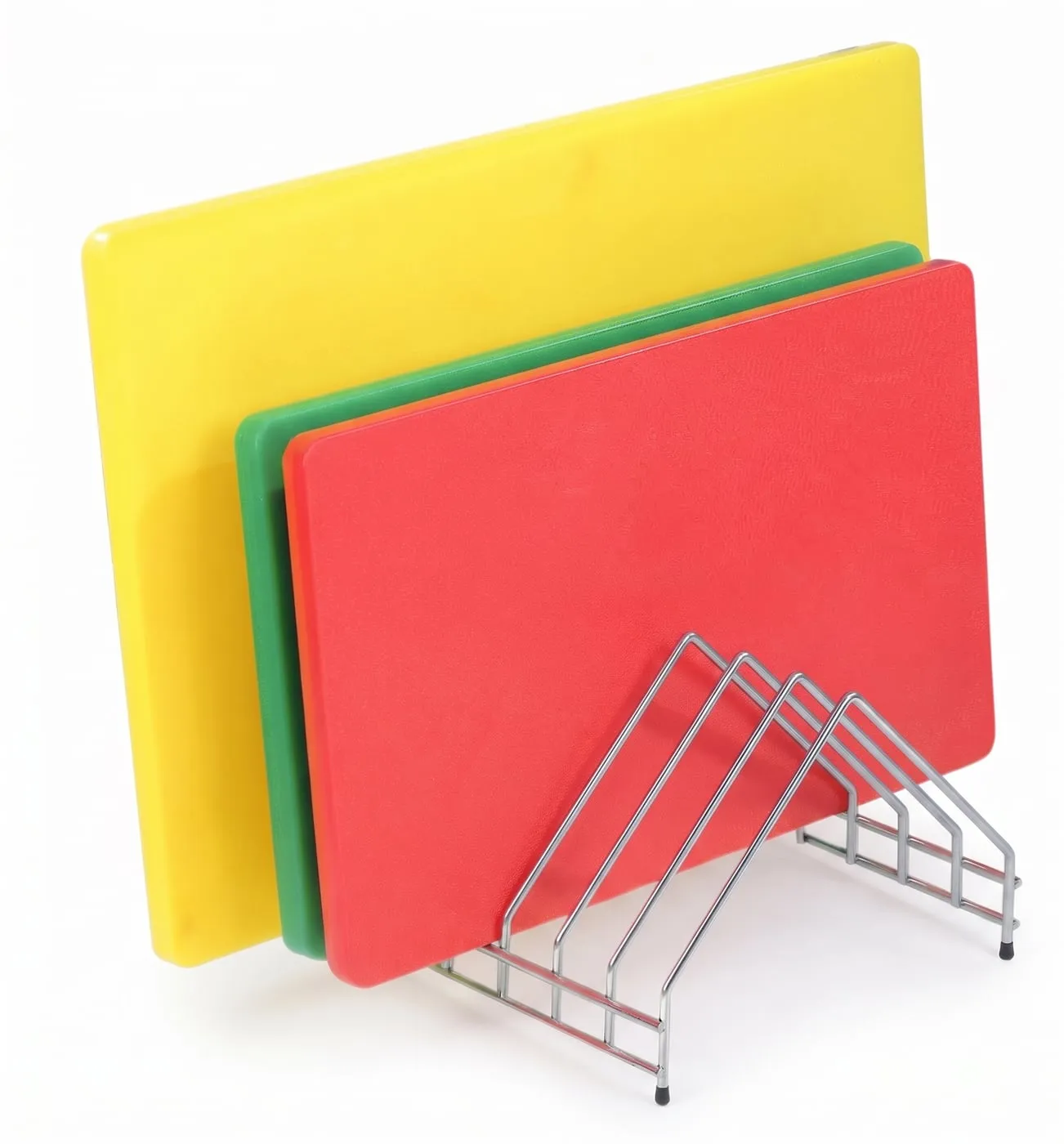 Colour-coded boards in a stainless board rack