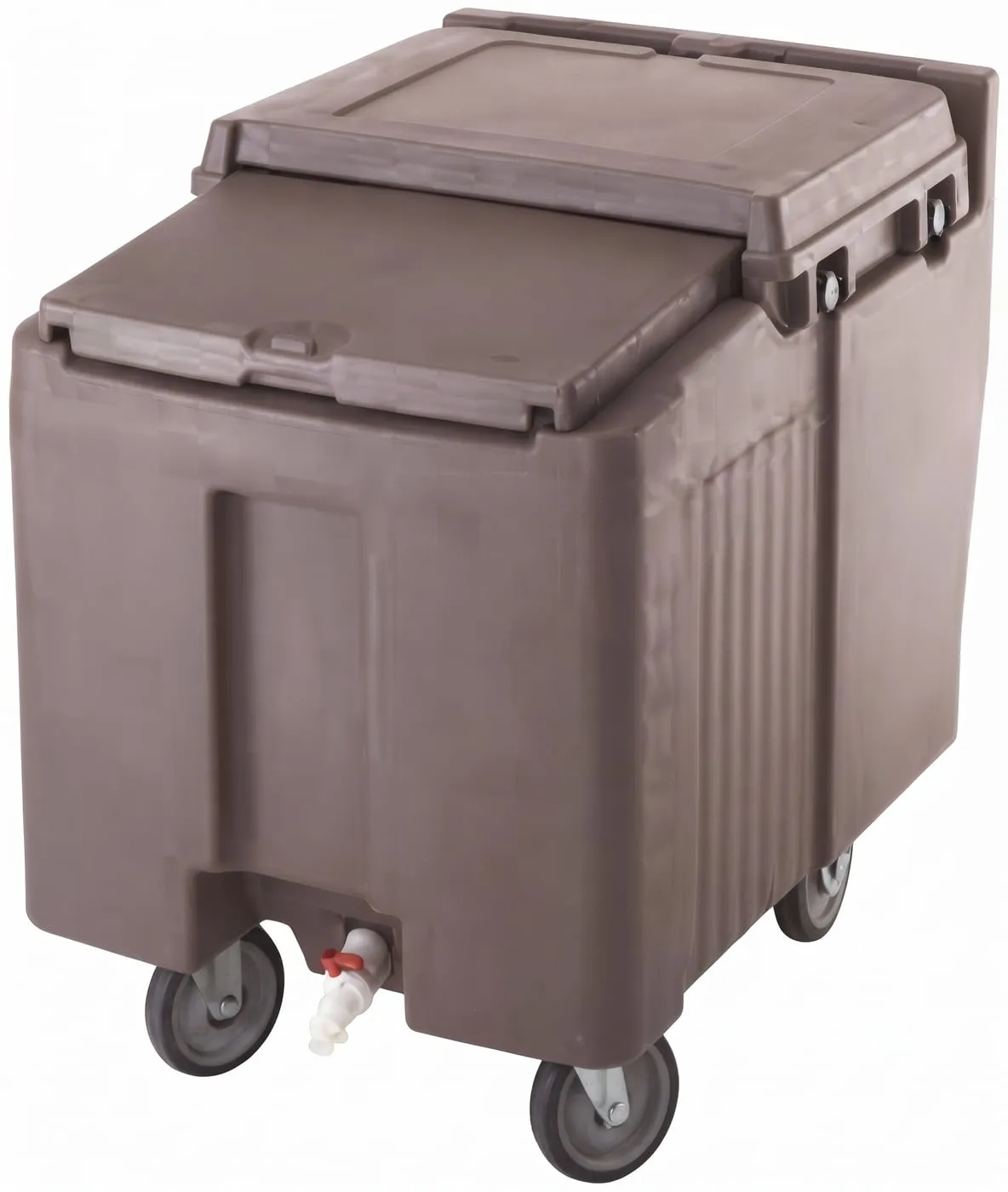 Mobile ice caddy with sliding lid and drain spigot