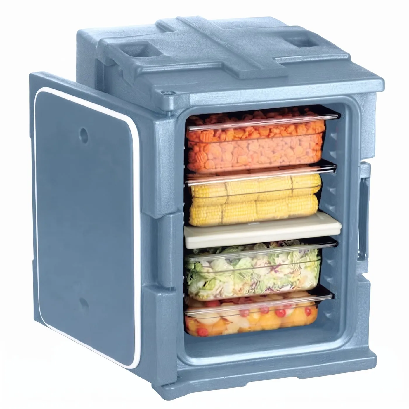Front-loading insulated carrier holding GN pans