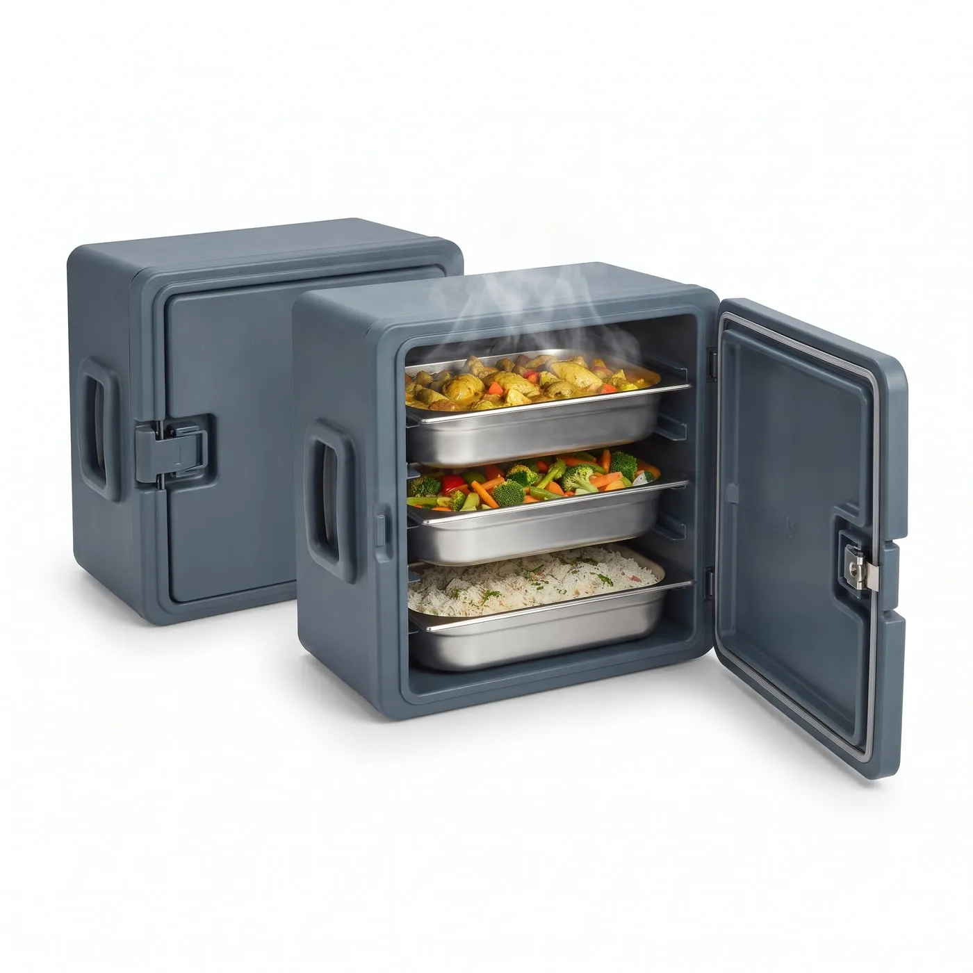 Insulated food carriers holding hot GN pans