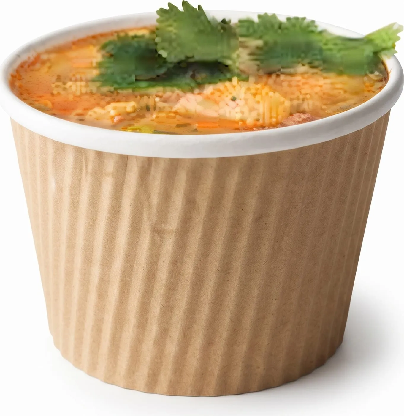 Ripple wall kraft soup container with soup