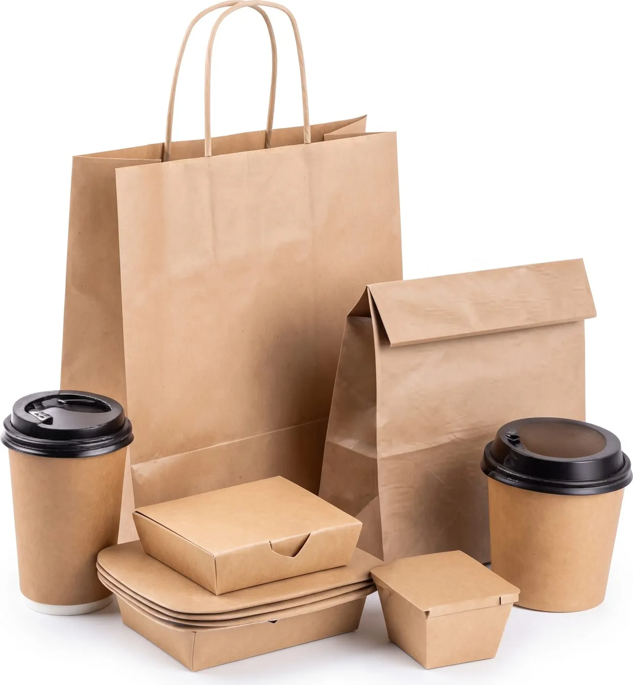 Kraft paper bags, coffee cups and food boxes