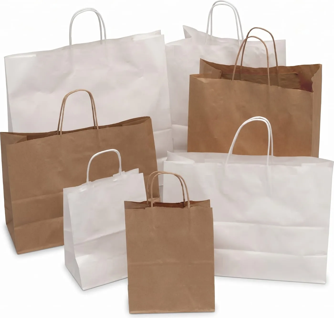 Kraft and white twisted handle bags in assorted sizes