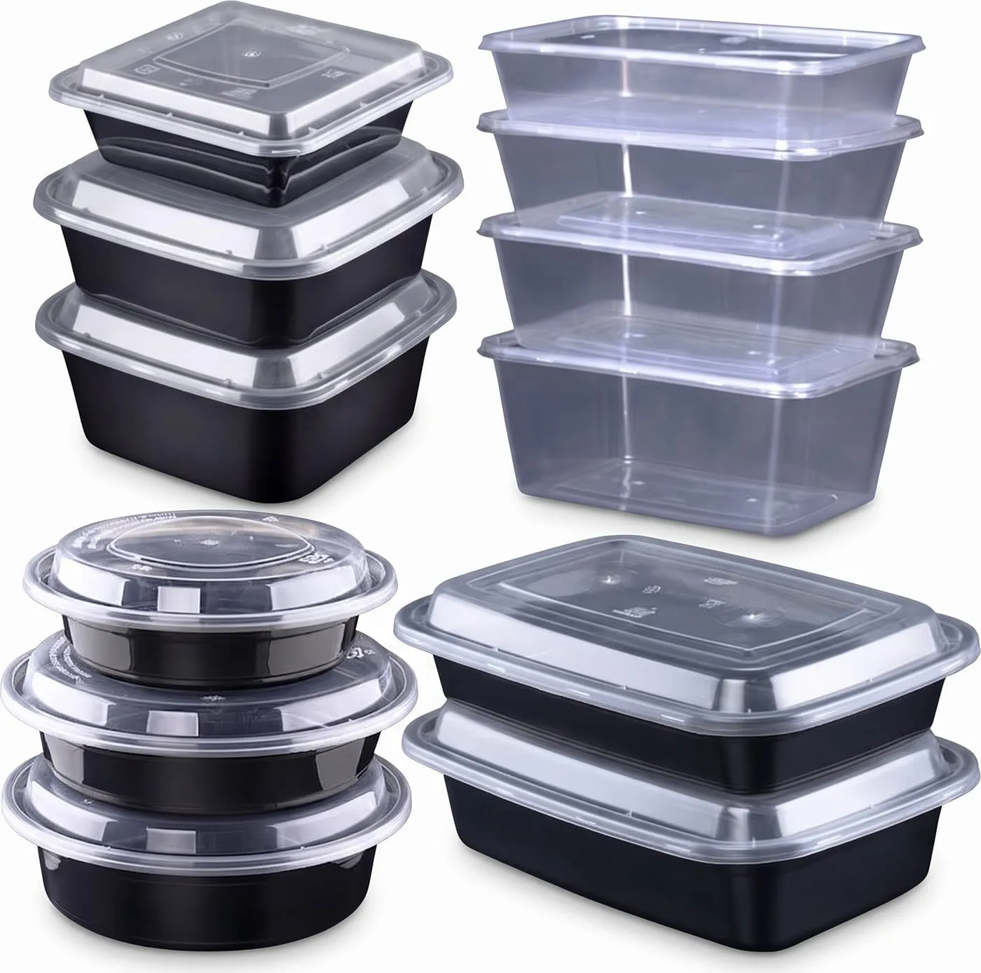 Microwavable containers with clear lids, round and rectangular