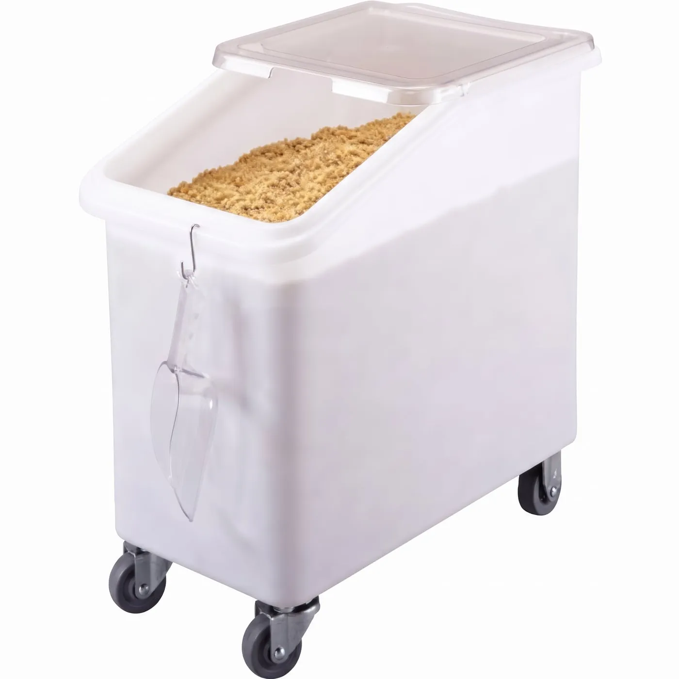 Mobile ingredient bin with sliding lid and scoop