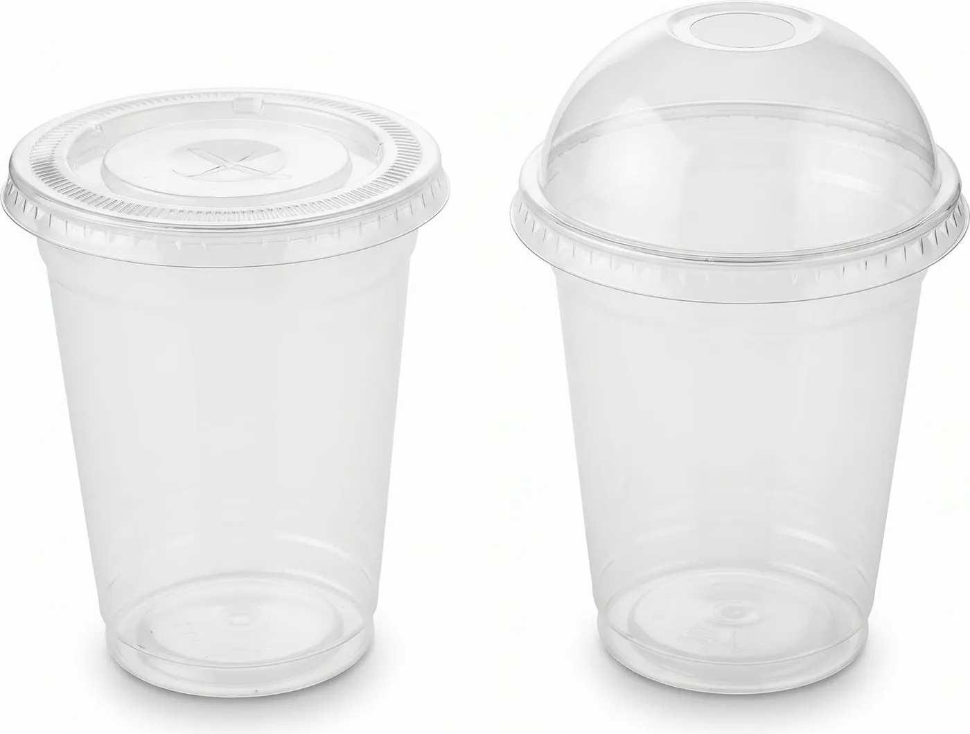 PET cups in two sizes with flat and dome lids