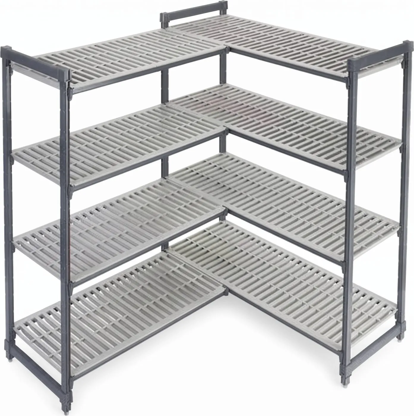 Modular polymer shelving in a corner configuration