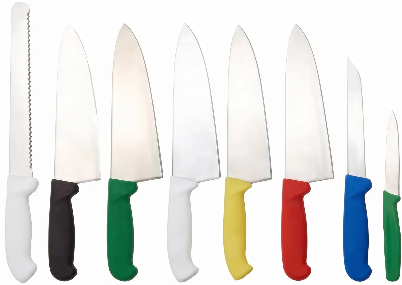 Colour-coded knife range from bread knife to paring knife