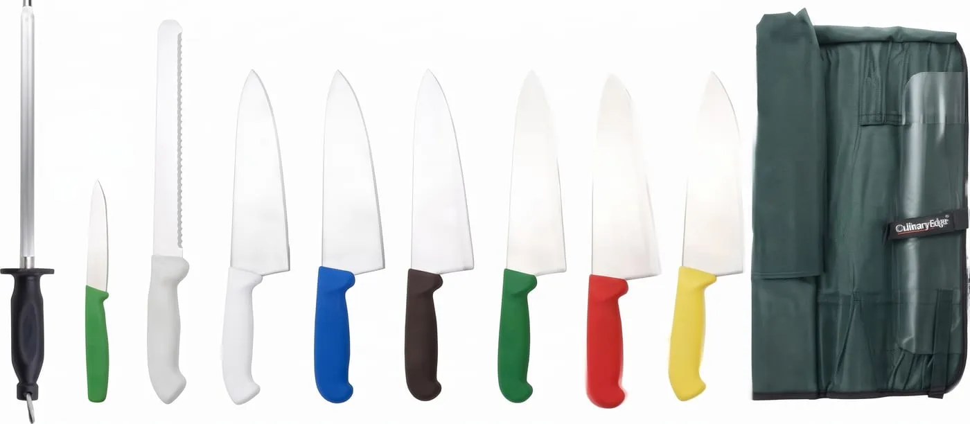 Colour-coded knife set with sharpening steel and knife roll