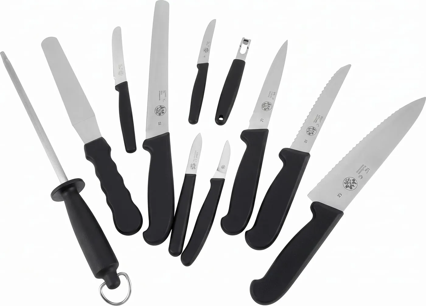 Black-handle chef knife set with sharpening steel