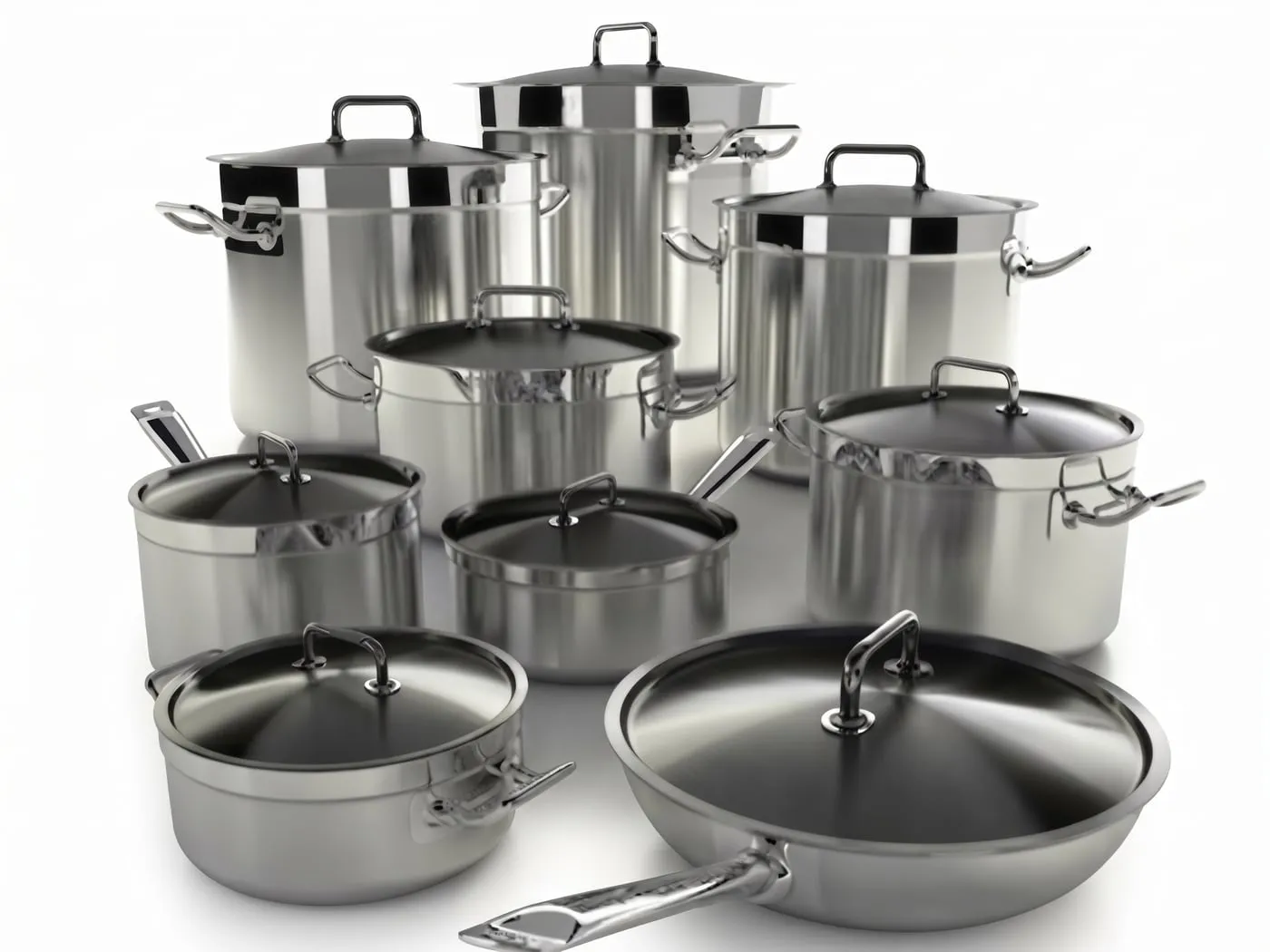 Stainless steel stock pots, casseroles and pans