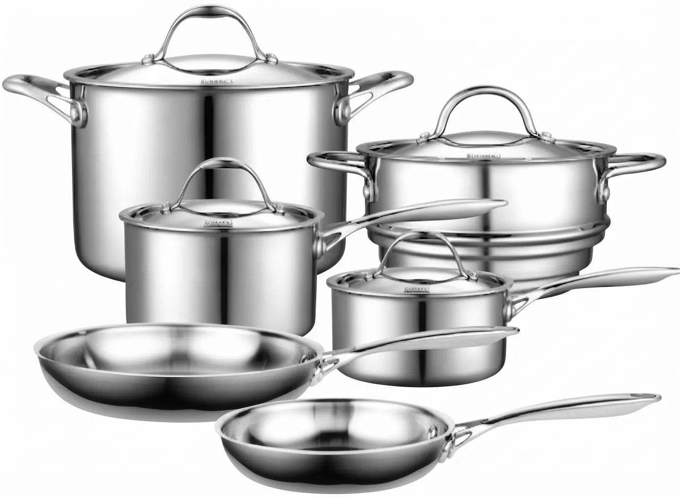 Stainless cookware set with lids and frying pans