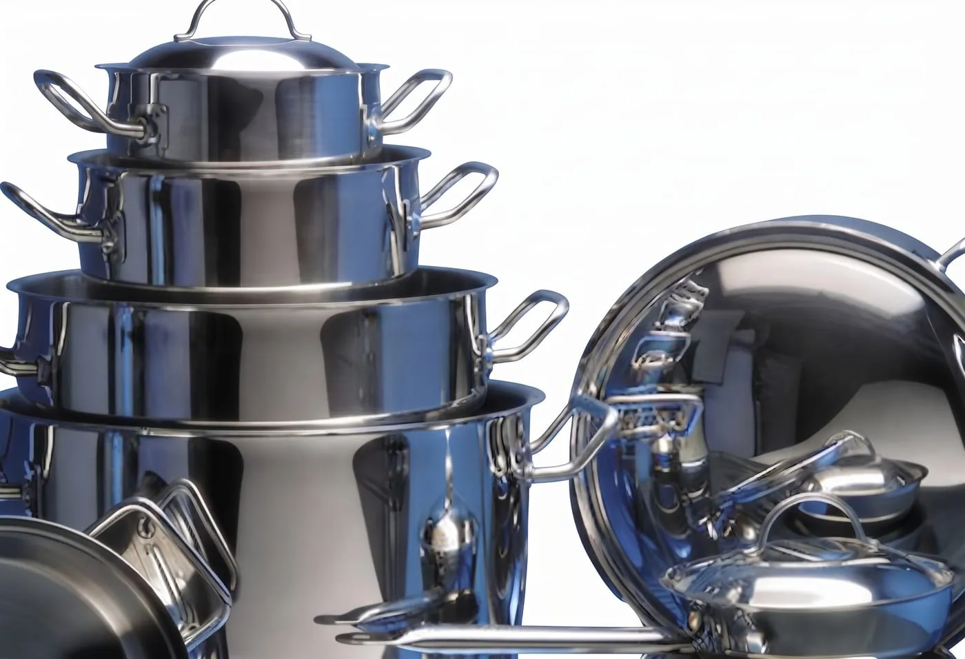 Stacked stainless steel cooking pots