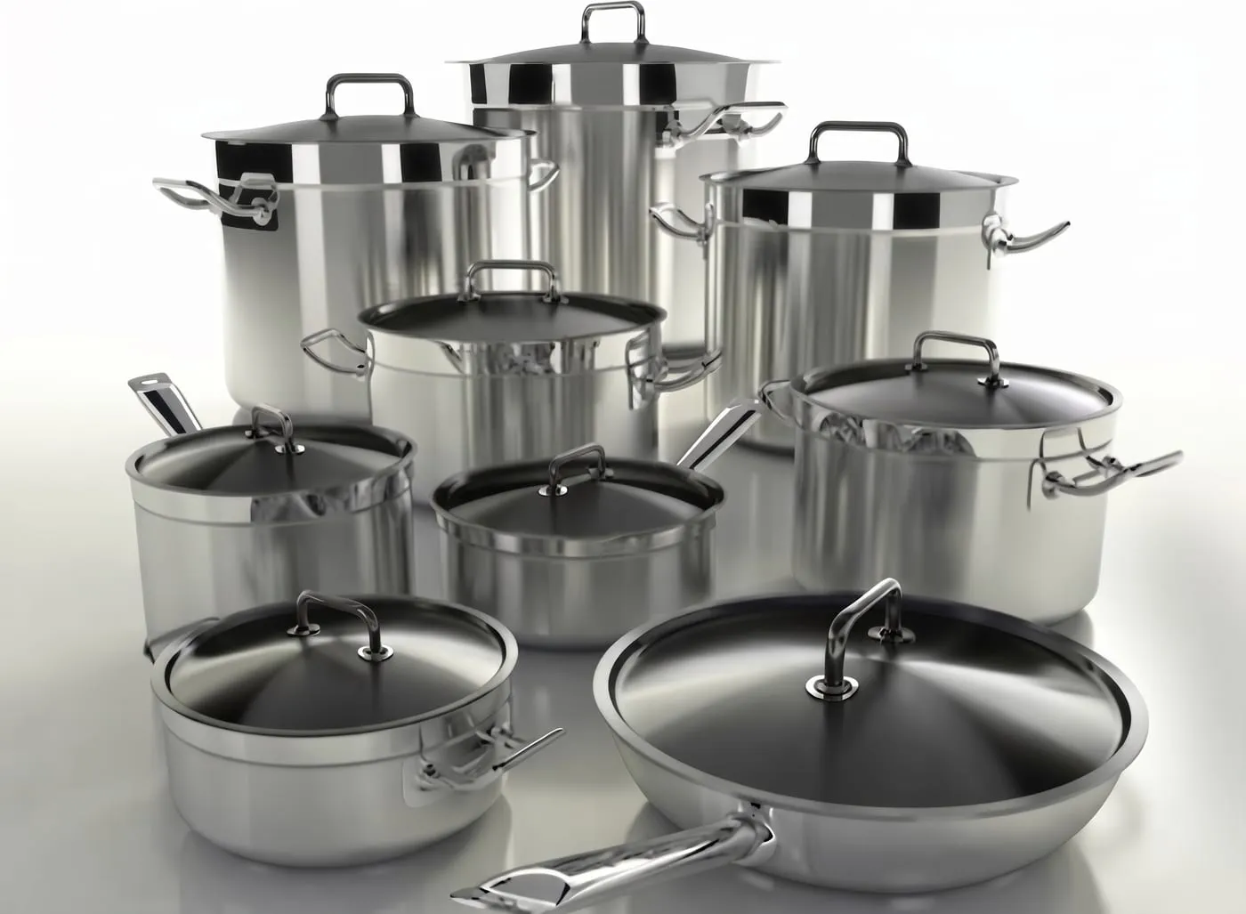 Full range of stock pots and casseroles with lids