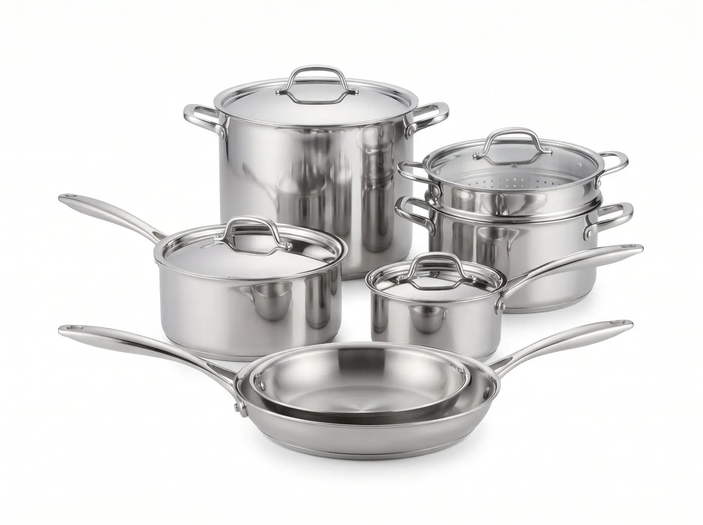 Stainless steel stock pot with saucepans and frying pans