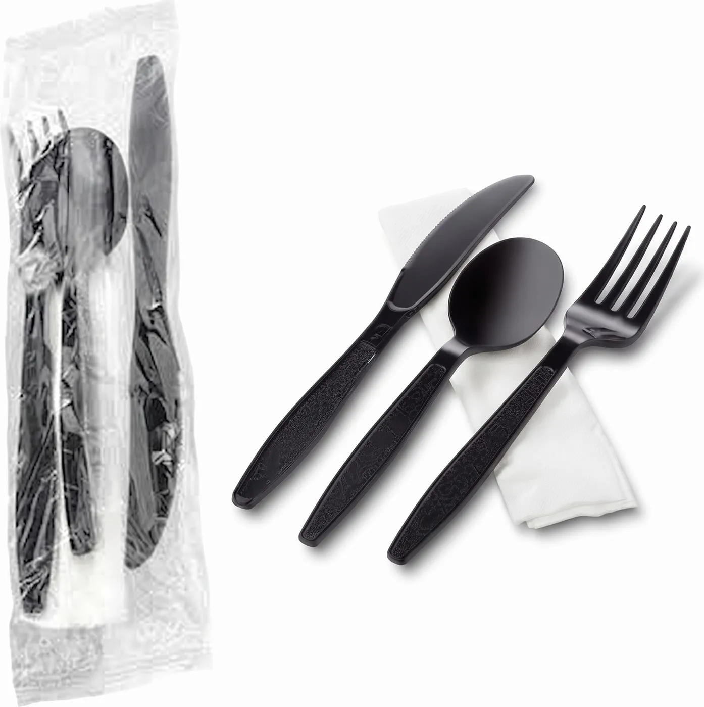 Wrapped black cutlery kit with napkin